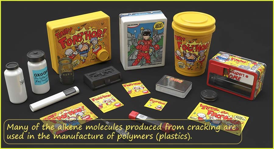 Many of the alkene molecules produced during cracking are used to manufacture plastics or polymers..